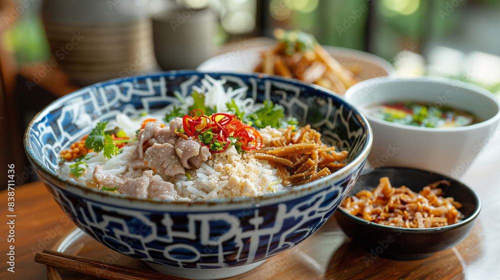 Thai rice porridge served in Thai patterns bowl. Thai rice porridge served in Thai patterns bowl.