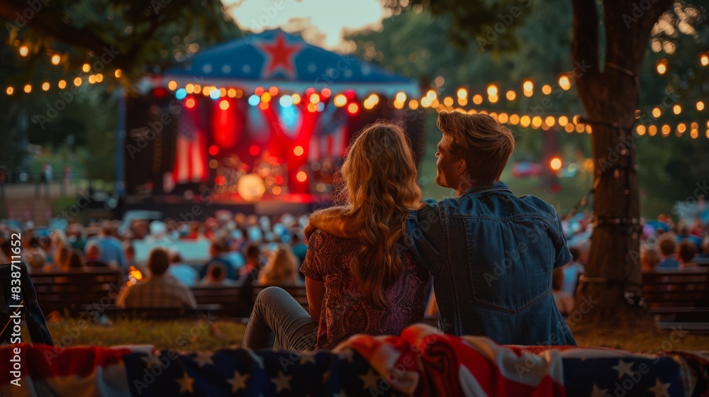 A couple enjoying a 4th of July concert in the park, with the stage decorated in red, white, and blue A couple enjoying a 4th of July concert in the park, with the stage decorated in red, white, and blue