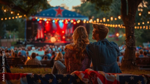 A couple enjoying a 4th of July concert in the park, with the stage decorated in red, white, and blue