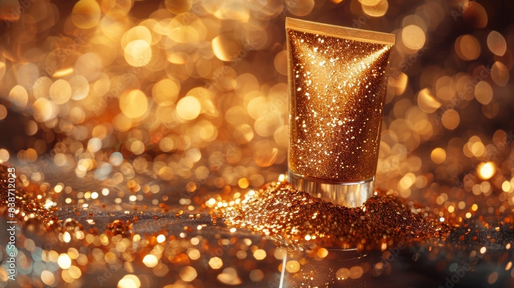 Beauty product mockup on gold glitter background Beauty product mockup on gold glitter background