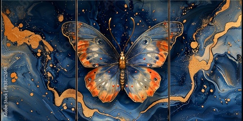 Luxurious Art Decor with Elegant Blue and Gold Butterflies Set Against a Rich Textured Background