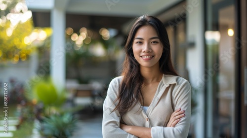 A confident Asian woman real estate agent stands outside a modern home with clean lines, large windows, and a minimalistic garden