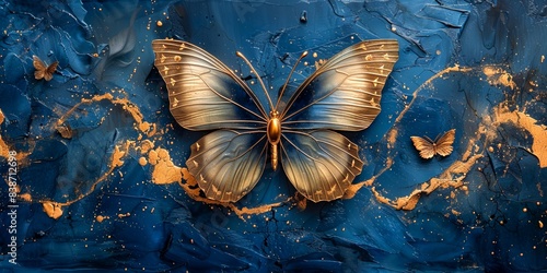 Elegant Art Decor with Blue and Gold Butterflies on a Textured Background, Highlighting Intricate Designs