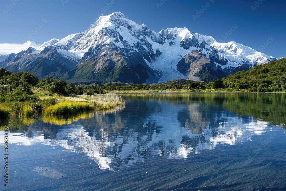 A majestic glacier towering over a crystal-clear lake, reflecting the surrounding snow-capped peaks
