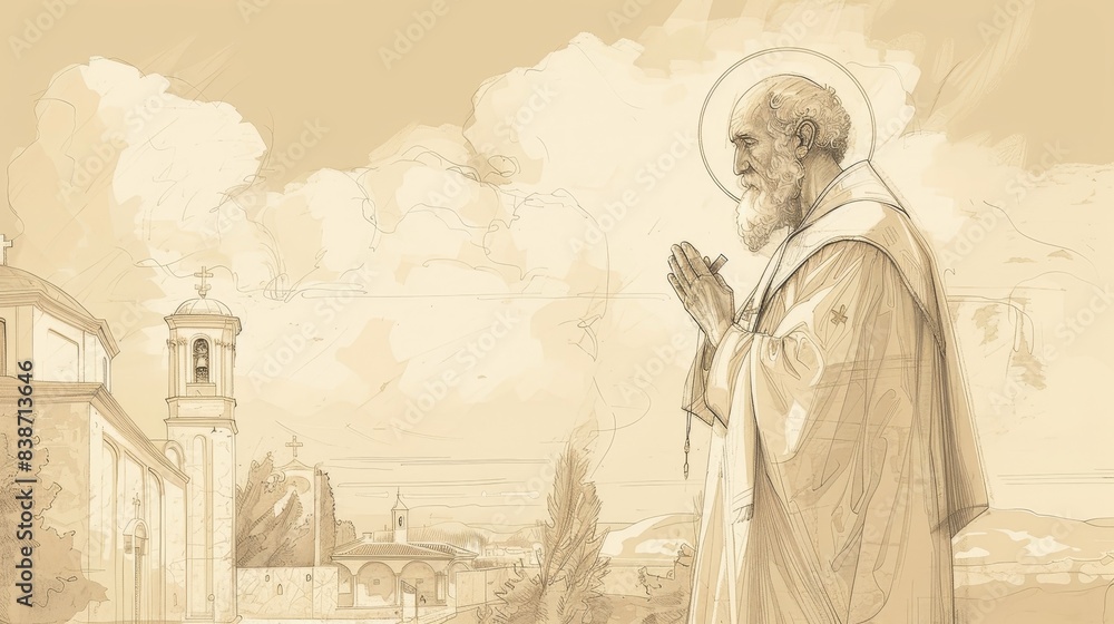 Devotion of Saint Agapitus II in deep prayer, holding a cross. Simple attire, serene expression