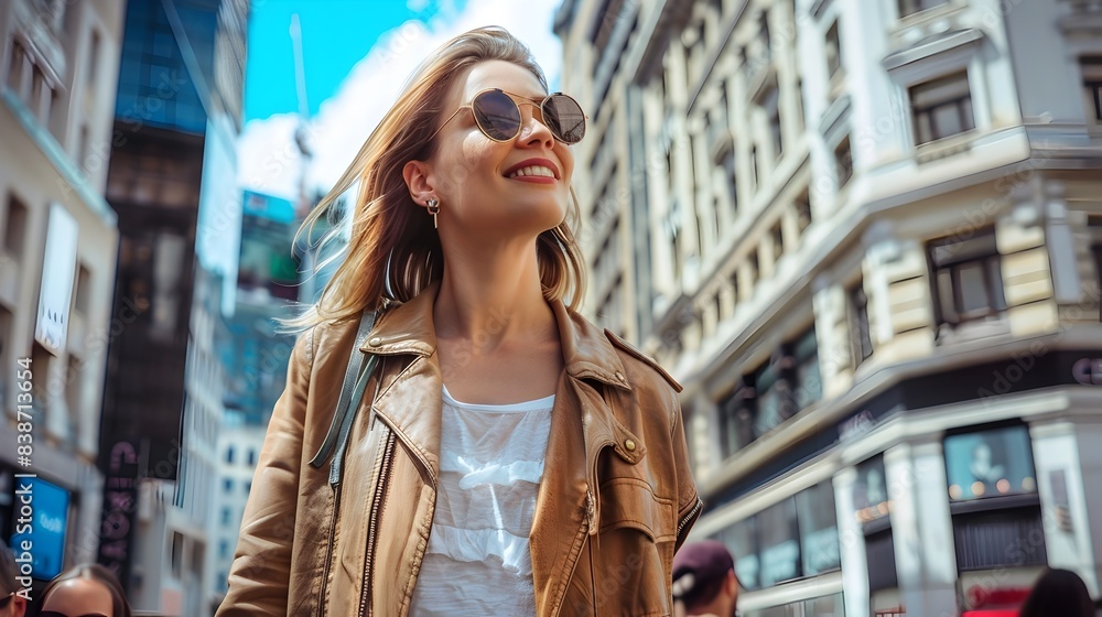 Obraz premium Stylish Woman Exuding Urban Confidence in Bustling City