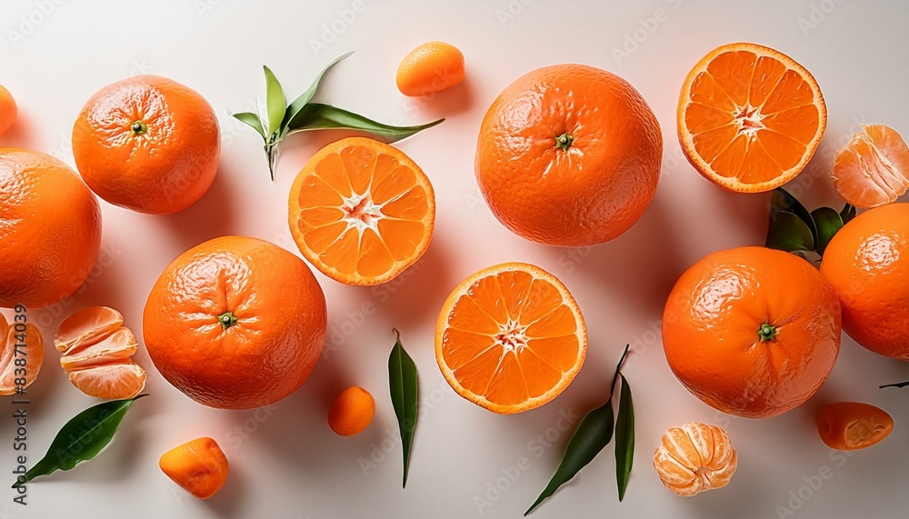 Whole and sliced mandarins isolated on a white background seen from above Whole and sliced mandarins isolated on a white background seen from above