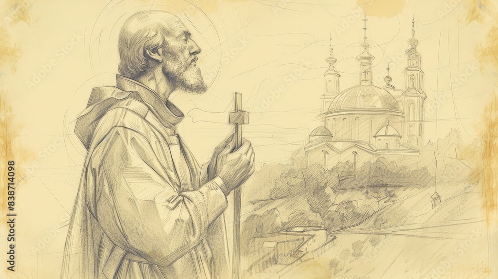 Fototapeta premium Saint Wenceslaus in deep prayer, holding a cross, serene church setting, piety and devotion, beige background, Biblical Illustration, copyspace