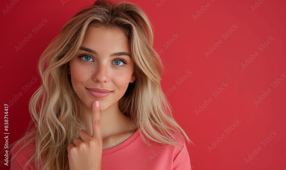 A woman points on a red background. A woman points on a red background.