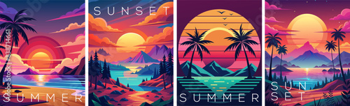 Stylish vector art series of summer posters with vibrant sunset and summer scenes
