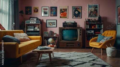 Retro kid's room interior with vintage devices and pop culture posters
