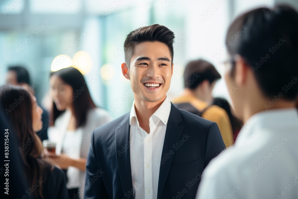 an Asian businessman confidently engages with colleagues during a talk and networking conference, showcasing his warmth and leadership. an Asian businessman confidently engages with colleagues during a talk and networking conference, showcasing his warmth and leadership.