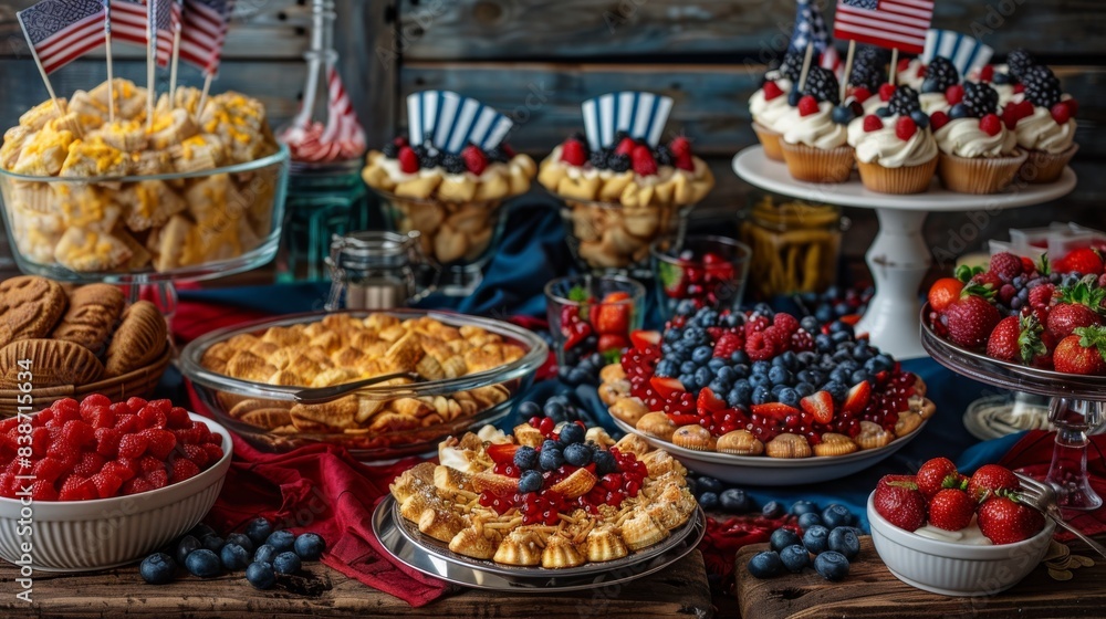 A beautifully decorated table with 4th of July themed food and American flags as centerpieces A beautifully decorated table with 4th of July themed food and American flags as centerpieces
