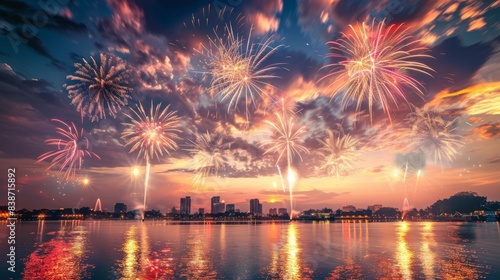 A beautiful display of fireworks over a city on Independence Day, with reflections in a nearby body of water