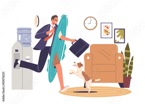 Businessman Character Teleporting From His Office To Home, Showing A Playful Scene With His Dog, Cartoon Illustration