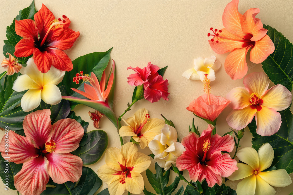 Exotic tropical flowers on a cream background