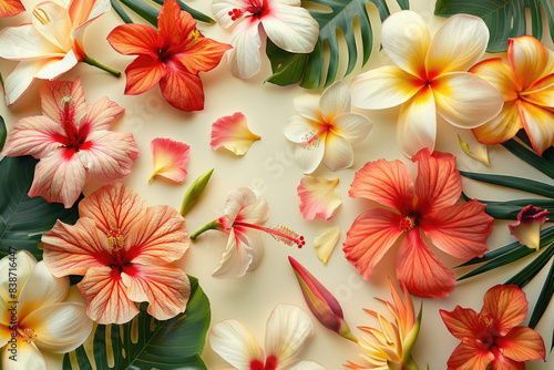 Exotic tropical flowers on a cream background