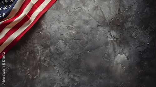 American Flag On Wooden Table - Grunge Textures vintage American flag bordering a blank chalkboard with space for text Closeup of American flag on white background, Generative Ai photo