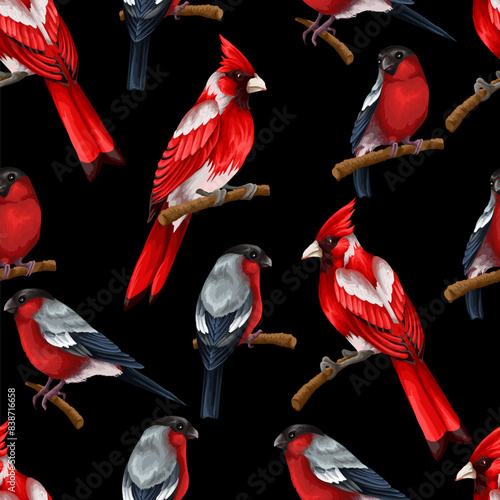 Seamless pattern with Christmas birds such as bullfinch, red cardinal . Vector.