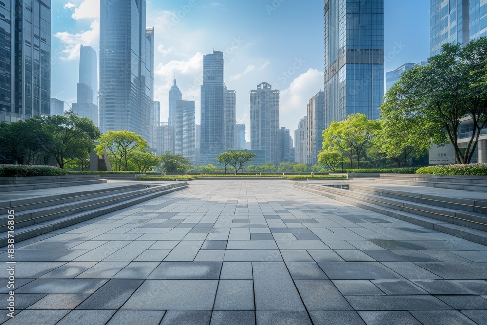 Fototapeta premium Modern plaza with minimalist architecture and a vibrant city in the background 
