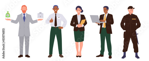 Diverse people bankers, bank workers and security guardian cartoon characters isolated set on white
