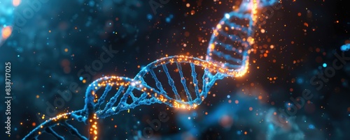 A double helix of DNA glowing with vibrant blue and orange lights against the dark background, symbolizing organic science in the style of bioStarters' visuals.