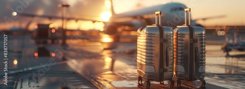 A photo of two shiny travel suitcases standing side by side on the airport tarmac, with an airplane in soft focus blurred background at sunset. The luggage is made from metallic materials and has photo