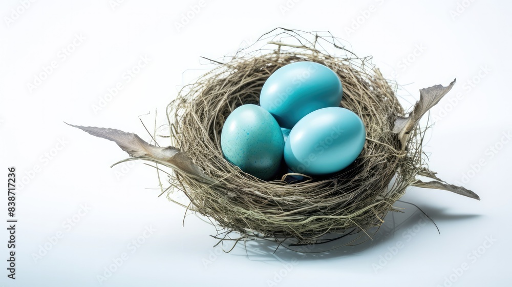 Blue egg on nest Isolated o white background Blue egg on nest Isolated o white background