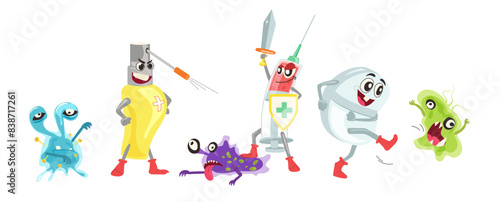 Superhero medicines cartoon characters struggled against viruses and bacteria vector illustration