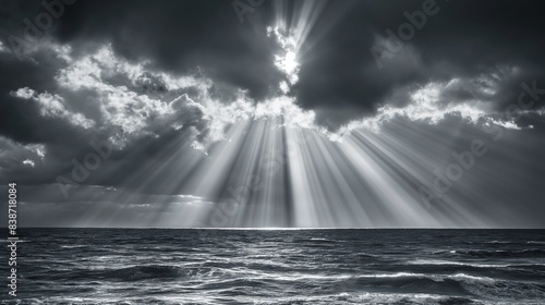 Background with crepuscular rays shing through clouds over ocean, AI-generative