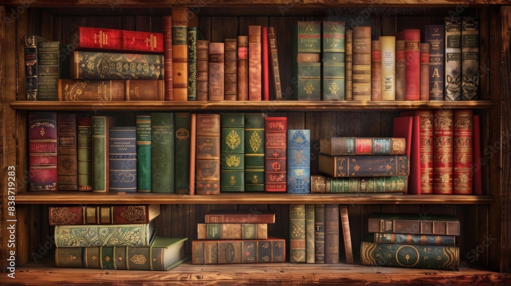 Collection of various books on wooden shelves Collection of various books on wooden shelves