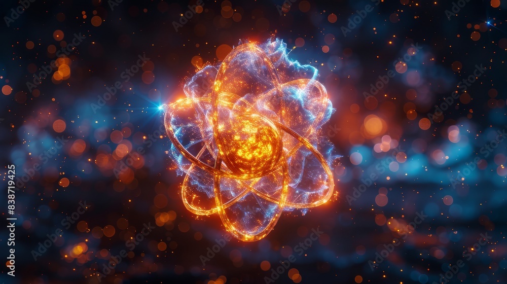 Futuristic digital ing of a glowing atom model with electric blue and orange particles against a dark background. Futuristic digital ing of a glowing atom model with electric blue and orange particles against a dark background.