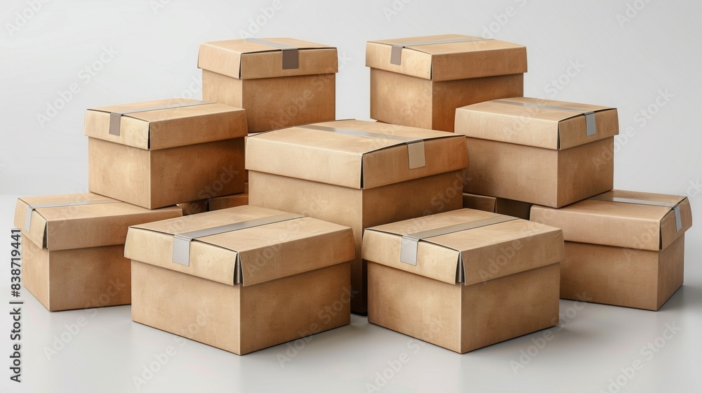 Fototapeta premium Cardboard boxes, isolated, stacked on top of one another on a light background