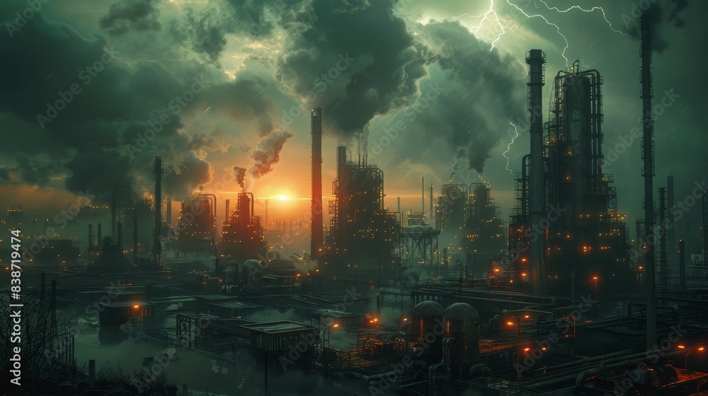 Obraz premium Industrial landscape with dark sky, fierce storm, and lightning highlighting pollution and environmental impact of factories during sunset.