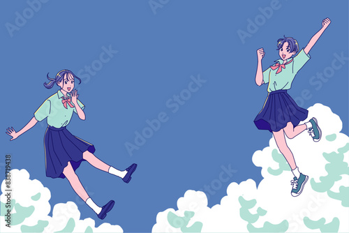 夏空に元気にジャンプする女子高生