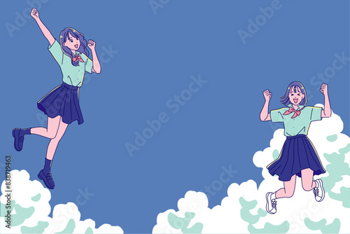 夏空に元気にジャンプする女子高生