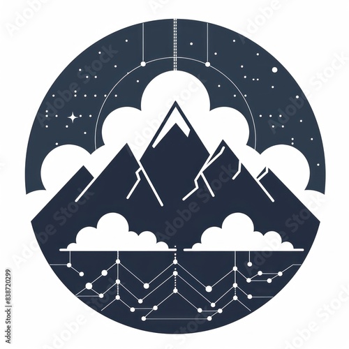 The silhouette of a mountain range beneath a digital clouds network icon.