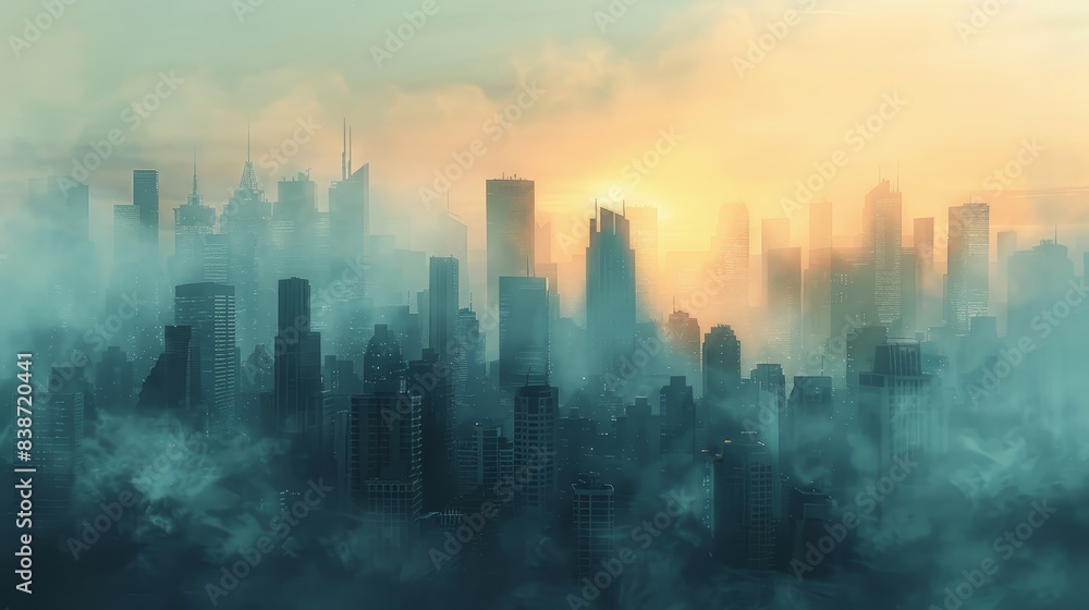 Fototapeta premium A city skyline is shown in the fog with the sun setting in the background