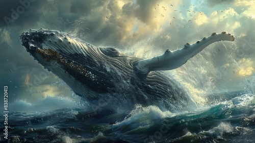 A whale splashes in the beauty of the seascape photo