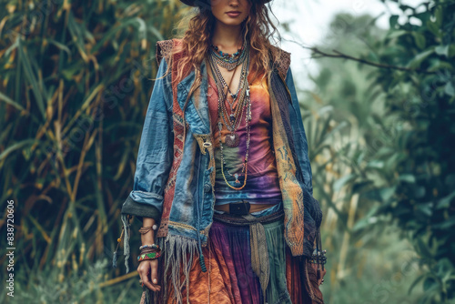 Person in layered boho-chic outfit with diverse textures and accessories