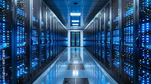 Global communications equipment in a server room, Network infrastructure, Server room with racks and supercomputers, data center.