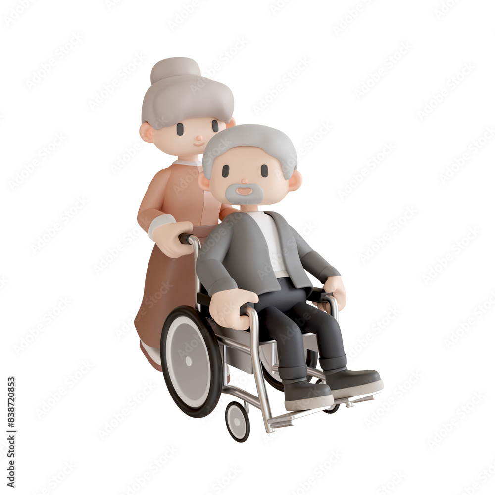 3d rendering an elderly man sitting in a wheelchair being pushed by his partner transparent 3d rendering an elderly man sitting in a wheelchair being pushed by his partner transparent