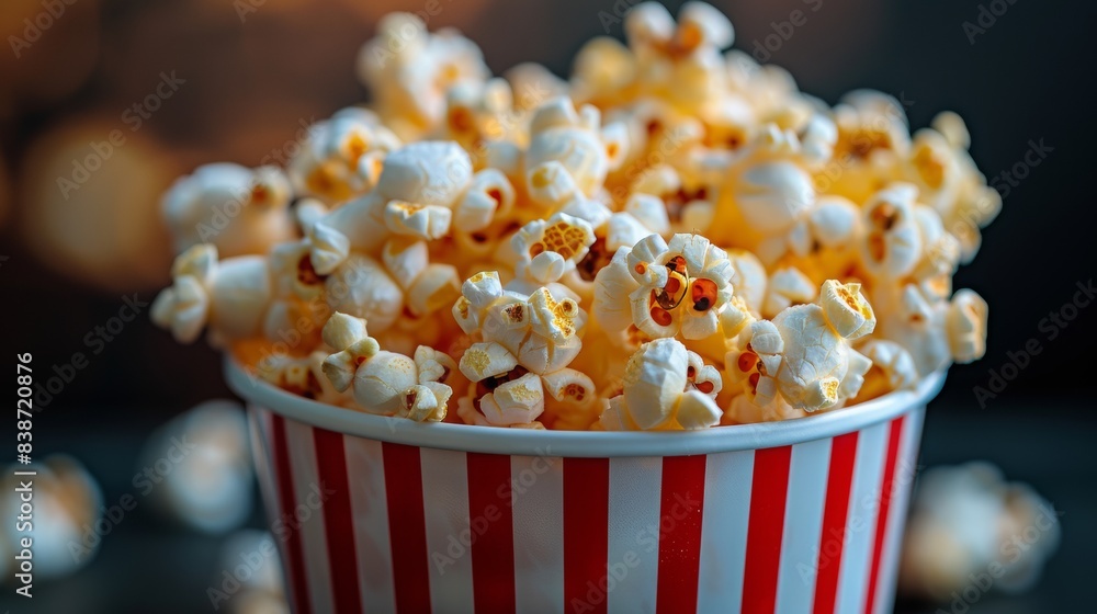 A red and white striped popcorn container overflowing with popcorn. A red and white striped popcorn container overflowing with popcorn.