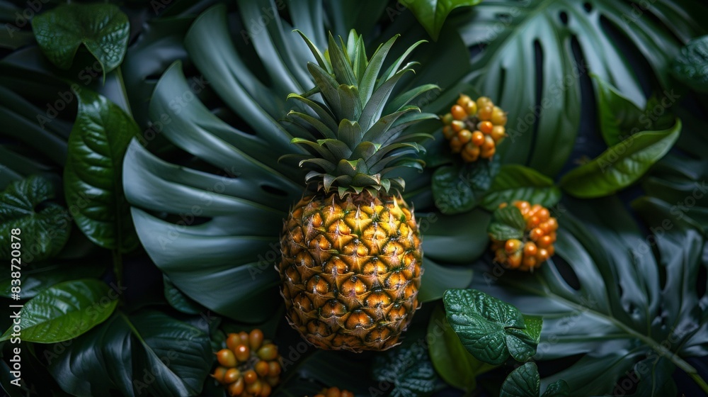 Pineapple on a background of green leaves. Pineapple on a background of green leaves.