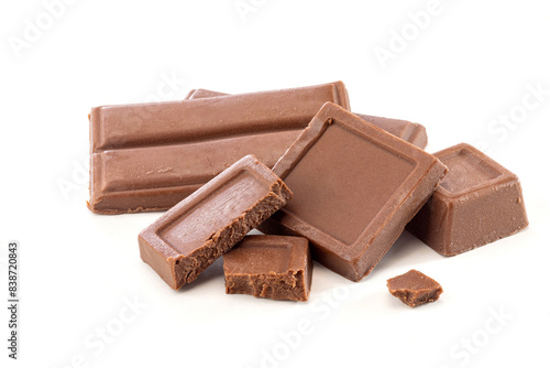 milk chocolate bar with broken pieces on white background.