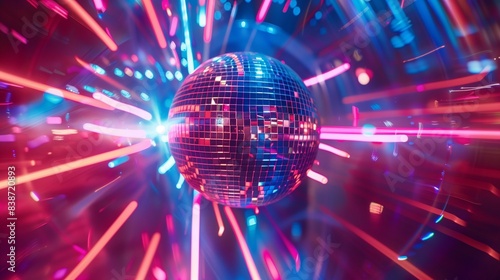 A dazzling disco ball casting vibrant beams of light across a dimly lit dance floor.