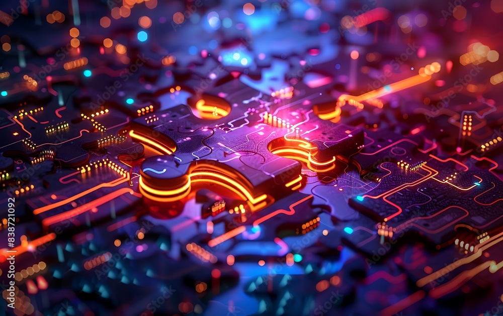 Puzzle piece merging with a high-tech digital interface, featuring ...
