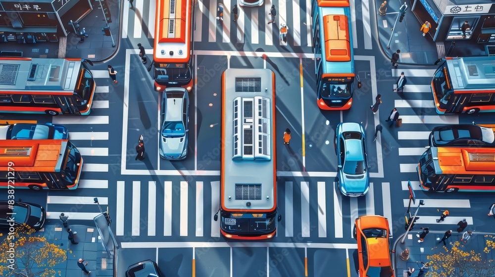A busy intersection with a bus in the middle of the scene A busy intersection with a bus in the middle of the scene