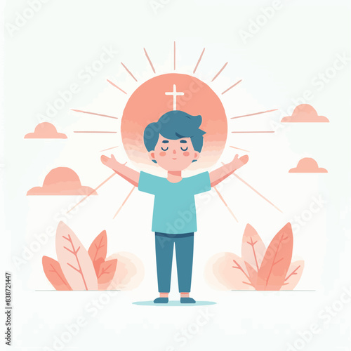 Boy with Arms Open in Worship: Flat Vector Illustration, Minimalist Design