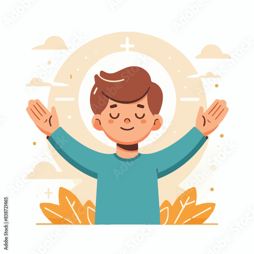 Boy with Arms Open in Worship: Flat Vector Illustration, Minimalist Design